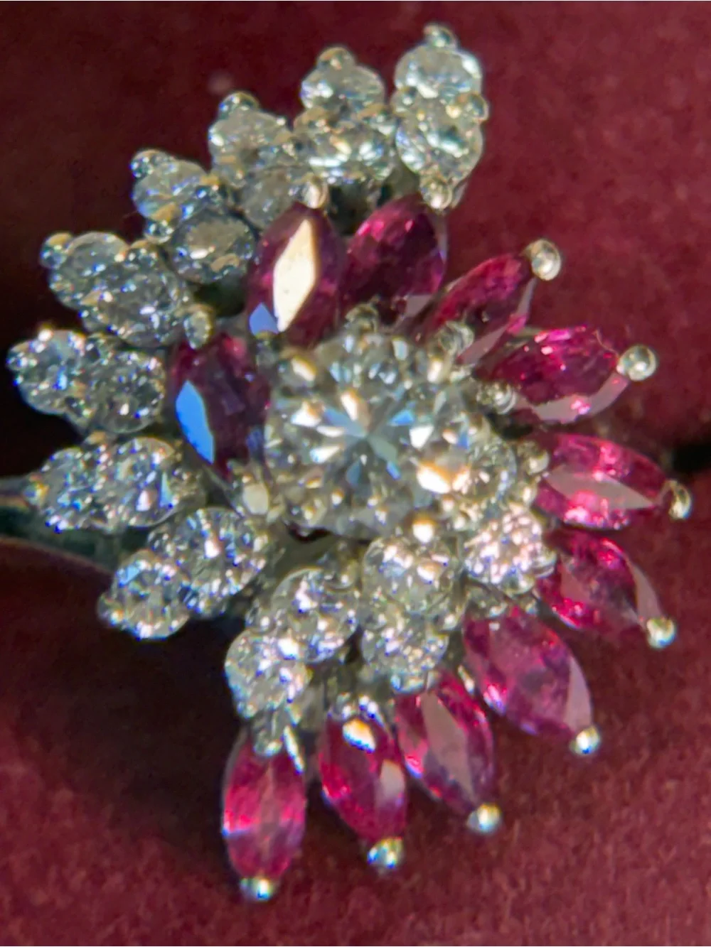 Vintage Diamond and Ruby 14k white gold Cluster Cocktail Ring 4900$